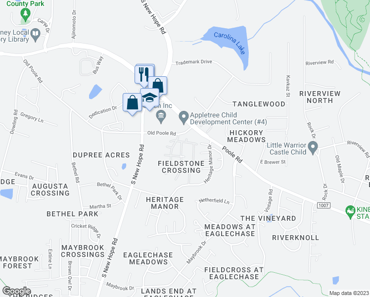 map of restaurants, bars, coffee shops, grocery stores, and more near 1210-1220 Canyon Rock Court in Raleigh