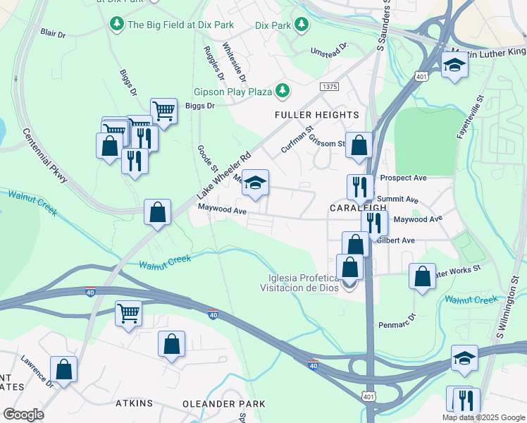 map of restaurants, bars, coffee shops, grocery stores, and more near 610 Maywood Avenue in Raleigh