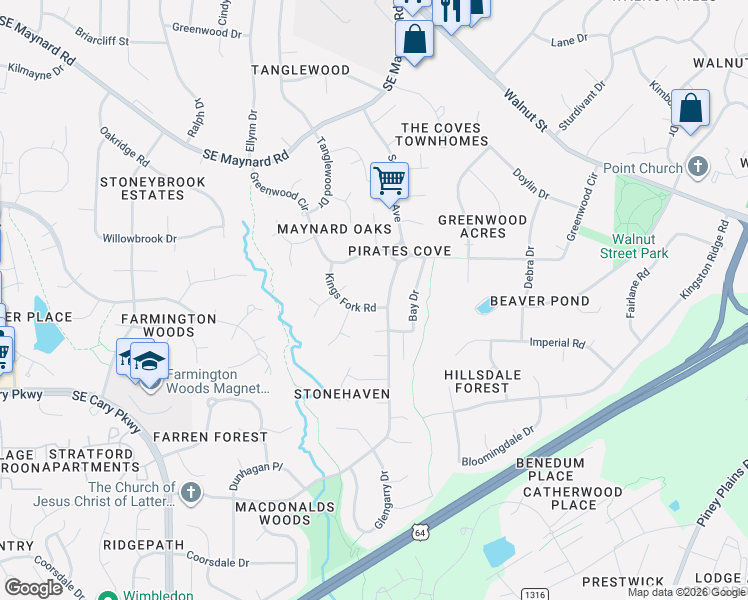 map of restaurants, bars, coffee shops, grocery stores, and more near 641 Kings Fork Road in Cary