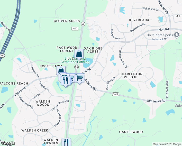 map of restaurants, bars, coffee shops, grocery stores, and more near 507 Wayland Grove Lane in Apex