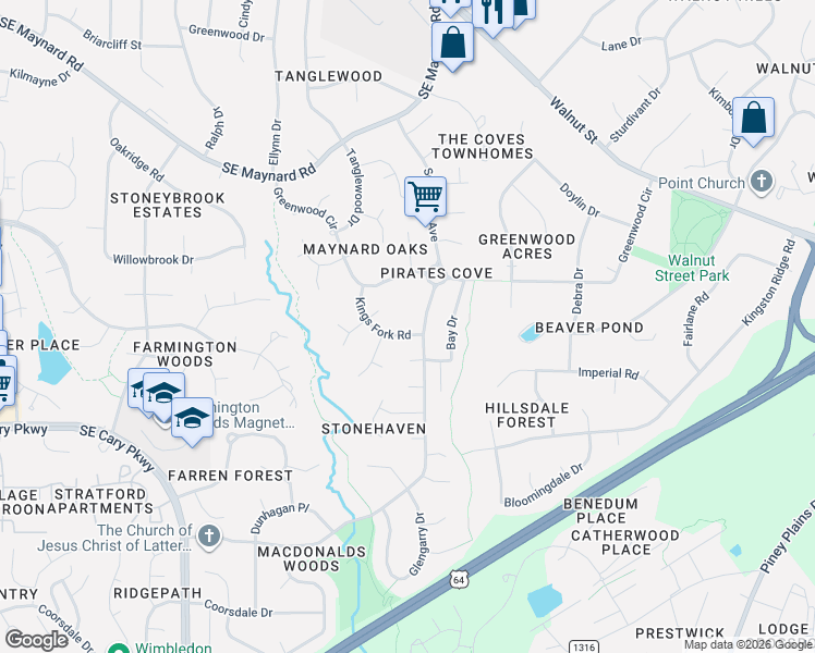 map of restaurants, bars, coffee shops, grocery stores, and more near 641 Kings Fork Road in Cary