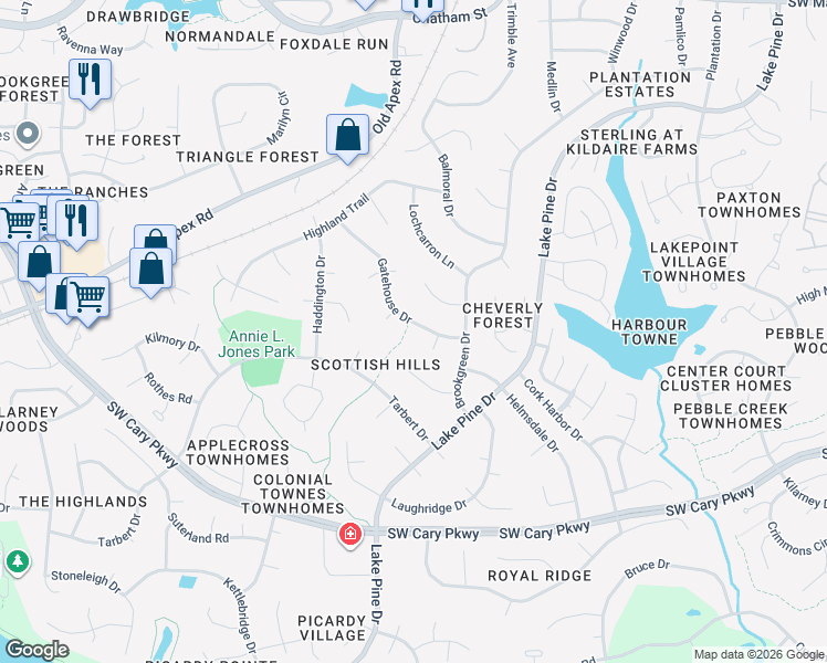 map of restaurants, bars, coffee shops, grocery stores, and more near 1242 Gatehouse Drive in Cary