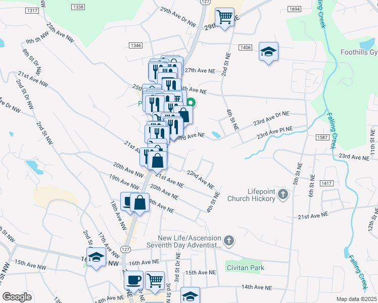 map of restaurants, bars, coffee shops, grocery stores, and more near 1st Street Northeast in Hickory