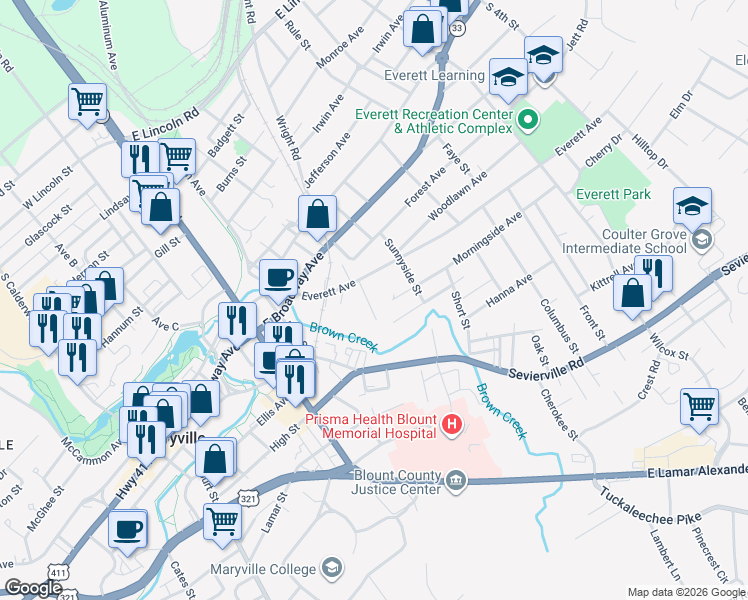 map of restaurants, bars, coffee shops, grocery stores, and more near 407 Keeble Street in Maryville