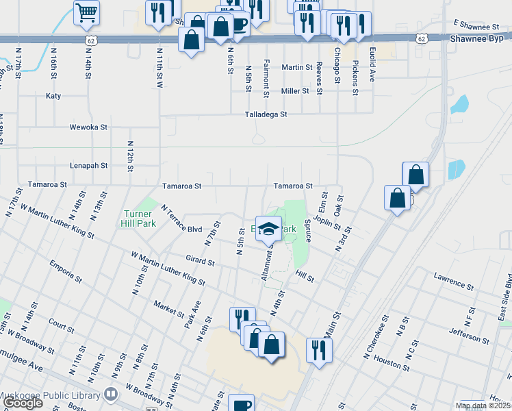 map of restaurants, bars, coffee shops, grocery stores, and more near 460 Tower Hill Boulevard in Muskogee