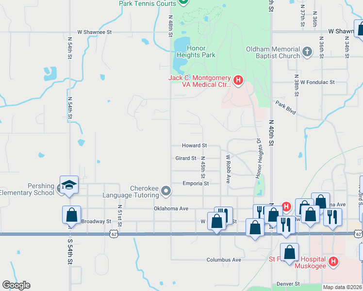 map of restaurants, bars, coffee shops, grocery stores, and more near 4700 Howard Street in Muskogee