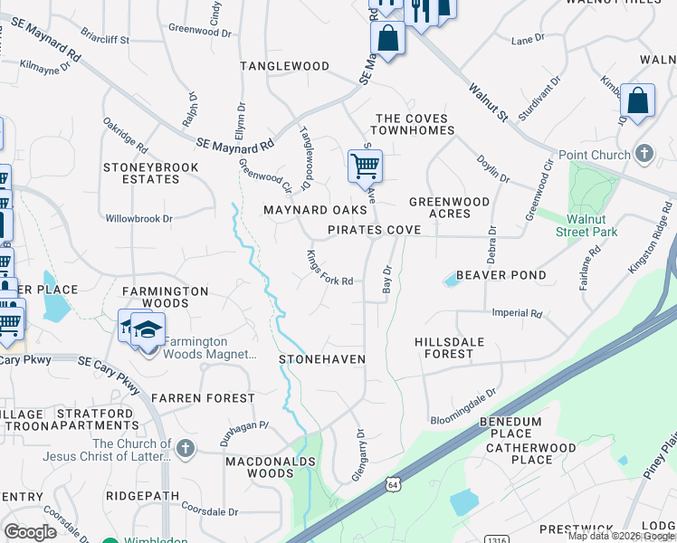 map of restaurants, bars, coffee shops, grocery stores, and more near 641 Kings Fork Road in Cary