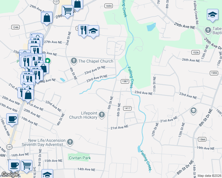 map of restaurants, bars, coffee shops, grocery stores, and more near 463 23rd Avenue Northeast in Hickory