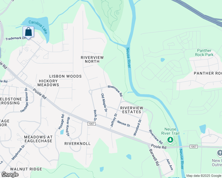 map of restaurants, bars, coffee shops, grocery stores, and more near 1110 Riverview Road in Raleigh