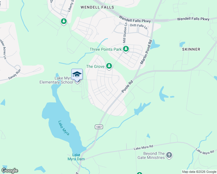 map of restaurants, bars, coffee shops, grocery stores, and more near 836 Mill Station Lane in Wendell