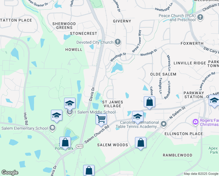 map of restaurants, bars, coffee shops, grocery stores, and more near 802 City Walls Street in Cary
