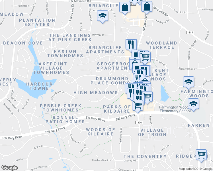 map of restaurants, bars, coffee shops, grocery stores, and more near 100 Glen Bonnie Lane in Cary