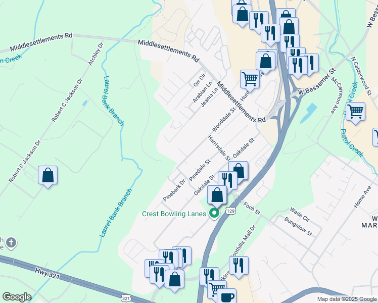 map of restaurants, bars, coffee shops, grocery stores, and more near 217 Wooddale Street in Maryville