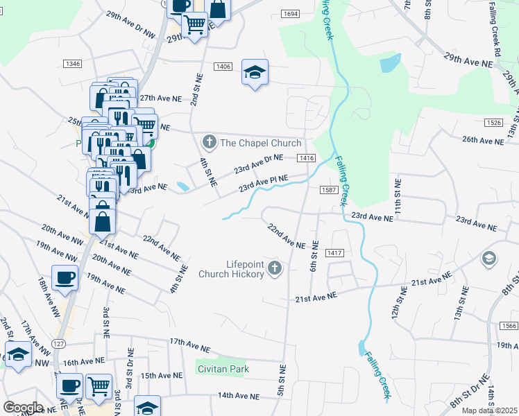 map of restaurants, bars, coffee shops, grocery stores, and more near 2211 4th Street Place Northeast in Hickory