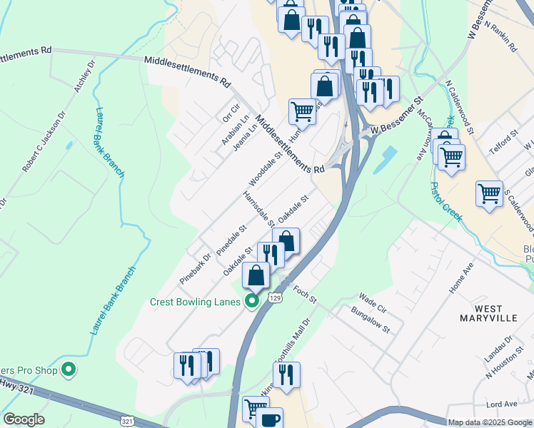 map of restaurants, bars, coffee shops, grocery stores, and more near 132 Pinedale Street in Maryville