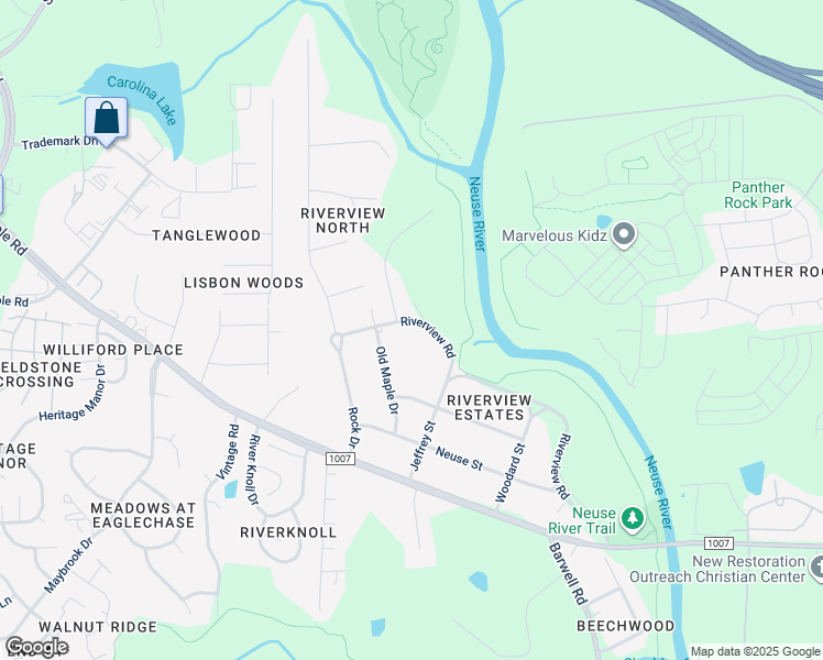 map of restaurants, bars, coffee shops, grocery stores, and more near 1110 Riverview Road in Raleigh