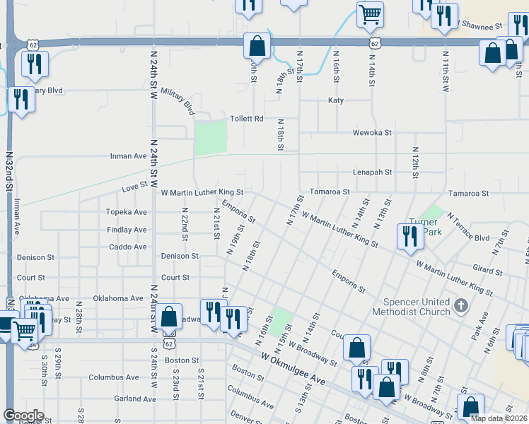 map of restaurants, bars, coffee shops, grocery stores, and more near 533 North 18th Street in Muskogee