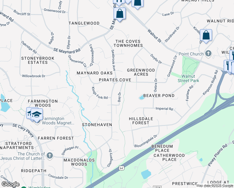 map of restaurants, bars, coffee shops, grocery stores, and more near Bay Drive in Cary