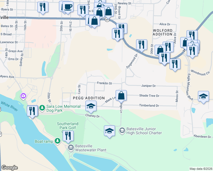 map of restaurants, bars, coffee shops, grocery stores, and more near 1505 Chadwick Drive in Batesville