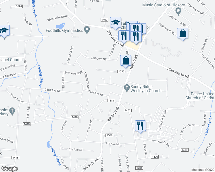 map of restaurants, bars, coffee shops, grocery stores, and more near 1450 23rd Avenue Place Northeast in Hickory