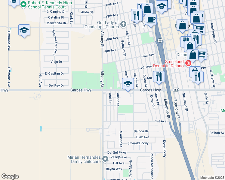 map of restaurants, bars, coffee shops, grocery stores, and more near 120 Garces Highway in Delano