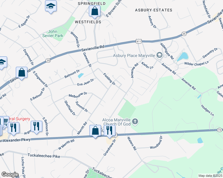 map of restaurants, bars, coffee shops, grocery stores, and more near 524 Merritt Road in Maryville