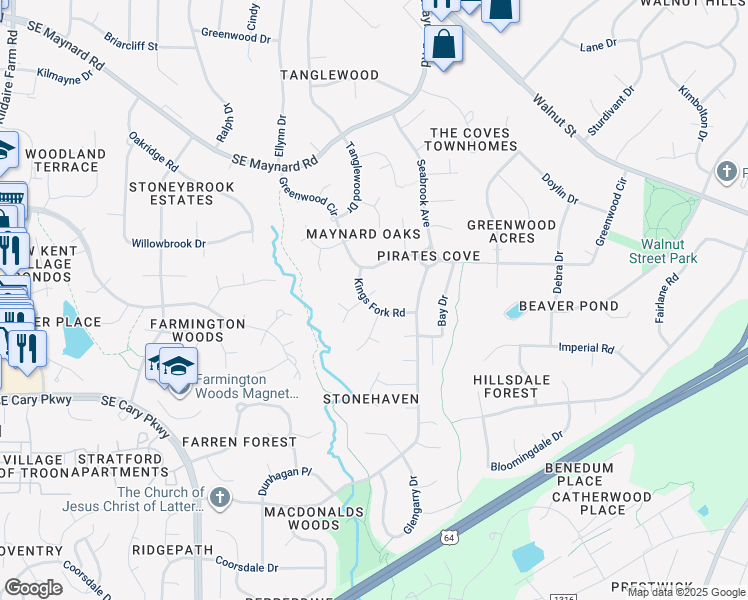 map of restaurants, bars, coffee shops, grocery stores, and more near 100 Lively Ct E in Cary