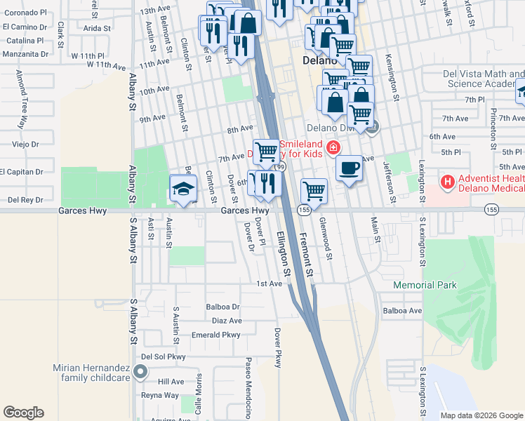 map of restaurants, bars, coffee shops, grocery stores, and more near 480 Garces Highway in Delano