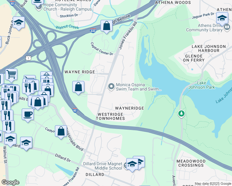 map of restaurants, bars, coffee shops, grocery stores, and more near 5433 Penwood Drive in Raleigh