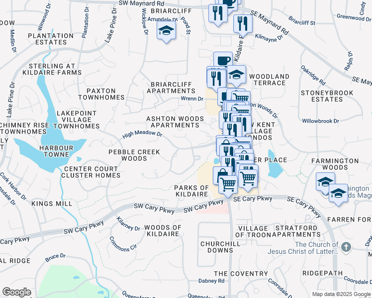 map of restaurants, bars, coffee shops, grocery stores, and more near High Meadow Drive in Cary