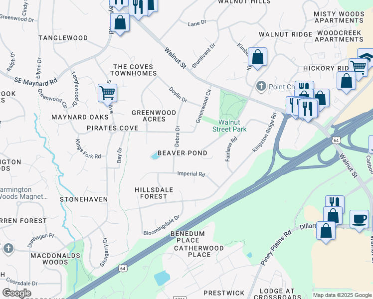map of restaurants, bars, coffee shops, grocery stores, and more near 205 Lawrence Road in Cary