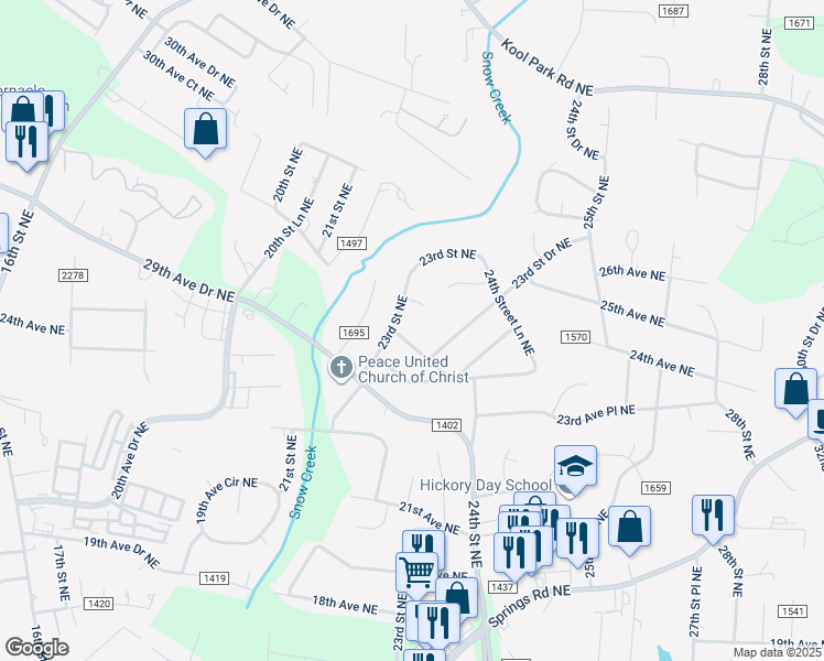 map of restaurants, bars, coffee shops, grocery stores, and more near 2309 24th Ave NE in Hickory
