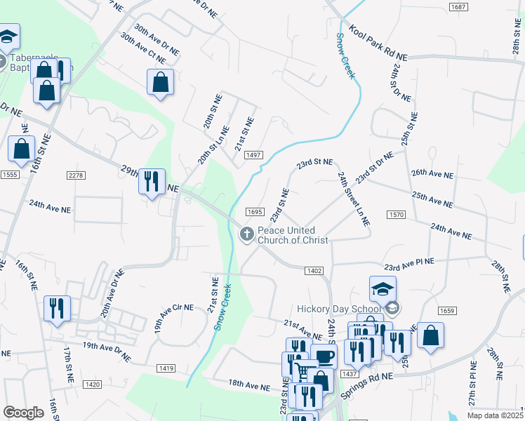 map of restaurants, bars, coffee shops, grocery stores, and more near 2366 22nd Street Northeast in Hickory