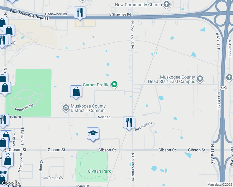 map of restaurants, bars, coffee shops, grocery stores, and more near 3209 Cromwell Street in Muskogee