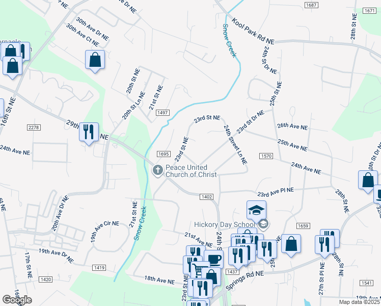 map of restaurants, bars, coffee shops, grocery stores, and more near 2309 24th Ave NE in Hickory