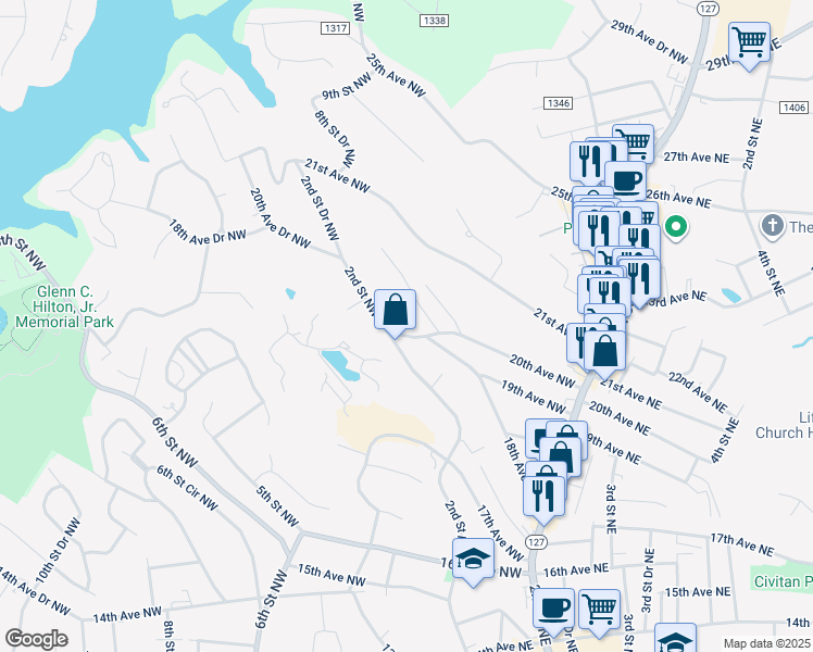 map of restaurants, bars, coffee shops, grocery stores, and more near 174 20th Avenue Northwest in Hickory