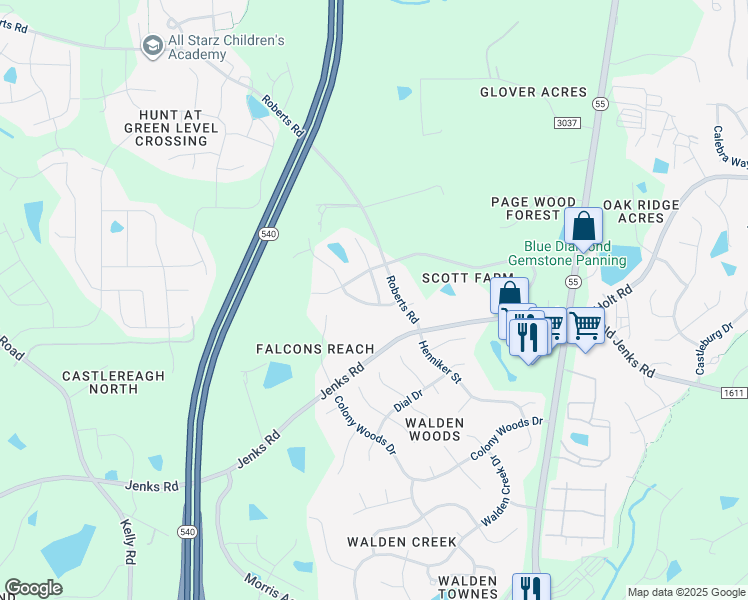 map of restaurants, bars, coffee shops, grocery stores, and more near 7013 Roberts Road in Cary