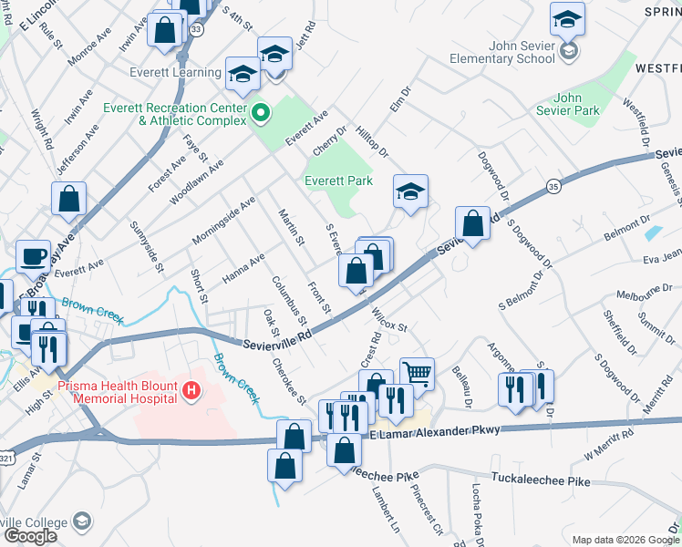 map of restaurants, bars, coffee shops, grocery stores, and more near 1708 Kittrell Avenue in Maryville