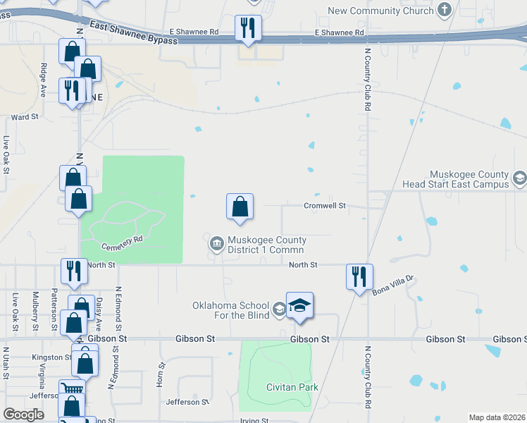 map of restaurants, bars, coffee shops, grocery stores, and more near 3001 Cromwell Street in Muskogee