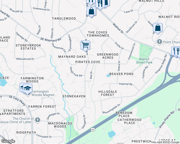 map of restaurants, bars, coffee shops, grocery stores, and more near 126 Bay Drive in Cary