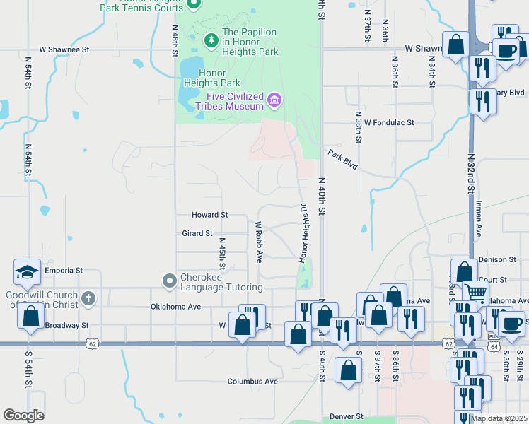map of restaurants, bars, coffee shops, grocery stores, and more near 704 1/2 West Robb Avenue in Muskogee