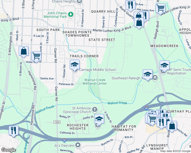 map of restaurants, bars, coffee shops, grocery stores, and more near 1332 South State Street in Raleigh