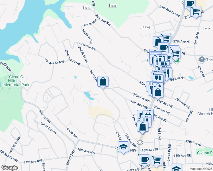 map of restaurants, bars, coffee shops, grocery stores, and more near 174 20th Avenue Northwest in Hickory