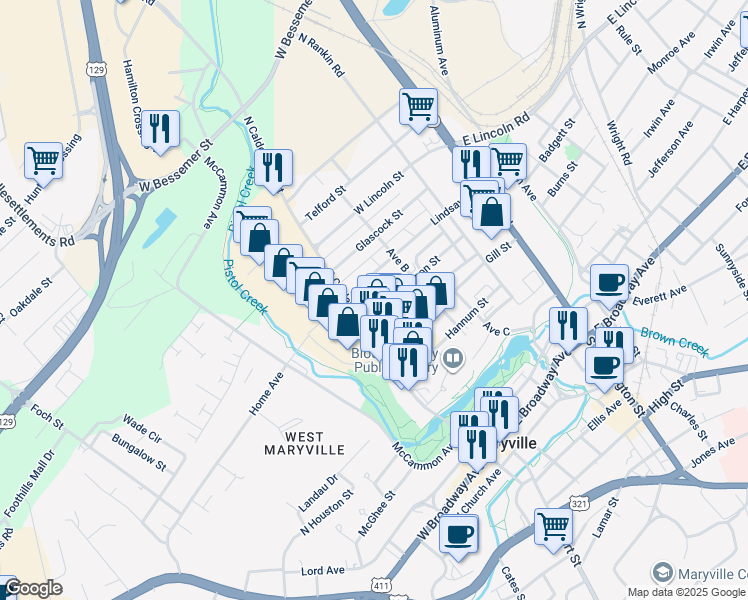 map of restaurants, bars, coffee shops, grocery stores, and more near 356 Sanderson Street in Alcoa