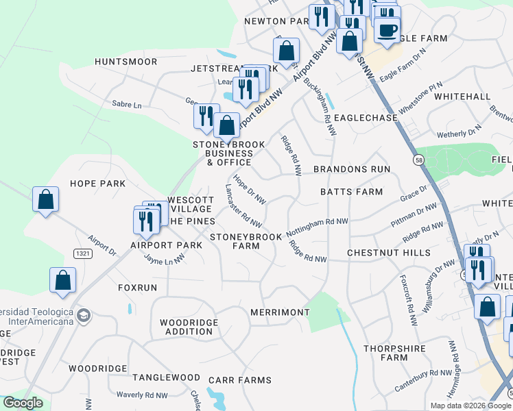 map of restaurants, bars, coffee shops, grocery stores, and more near 2803 Hope Drive Northwest in Wilson