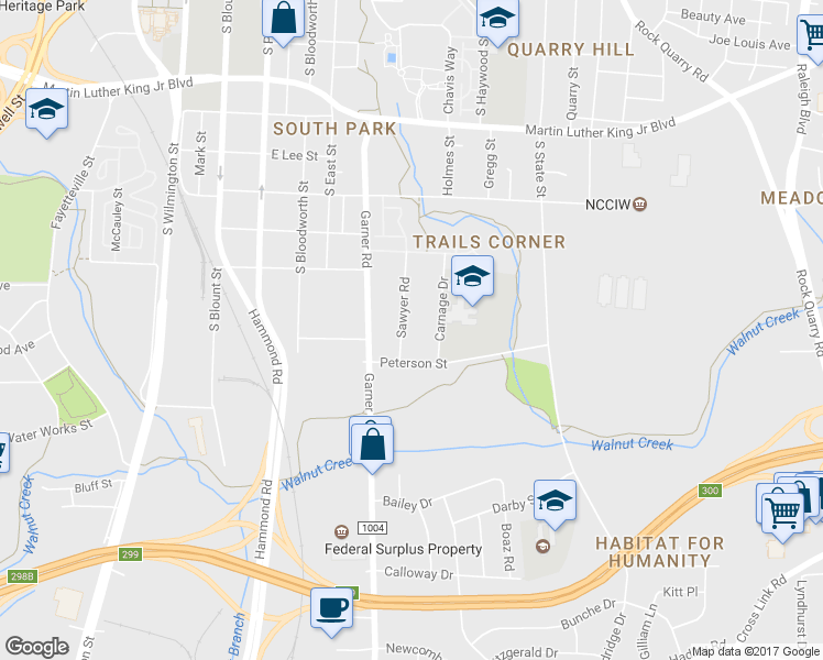 map of restaurants, bars, coffee shops, grocery stores, and more near 1449 Sawyer Road in Raleigh