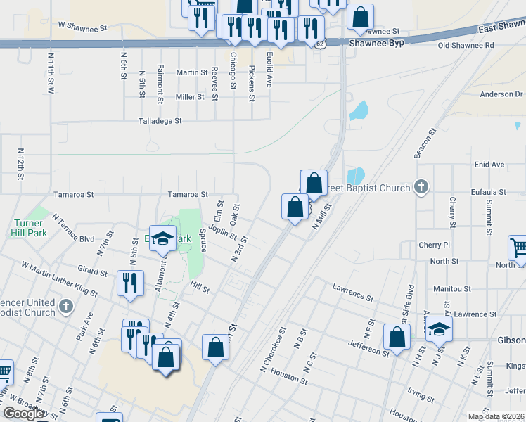 map of restaurants, bars, coffee shops, grocery stores, and more near 1112 North 3rd Street in Muskogee