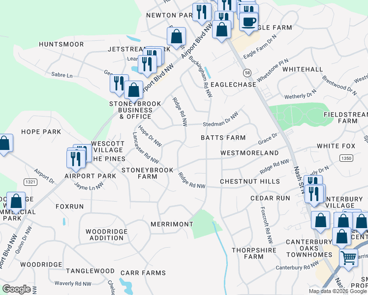 map of restaurants, bars, coffee shops, grocery stores, and more near 2800 Ridge Road Northwest in Wilson