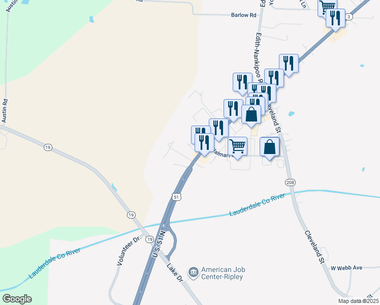 map of restaurants, bars, coffee shops, grocery stores, and more near 443 Robeson Street in Ripley