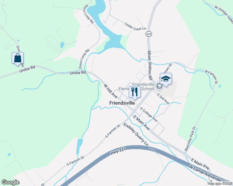 map of restaurants, bars, coffee shops, grocery stores, and more near 407 West College Avenue in Friendsville